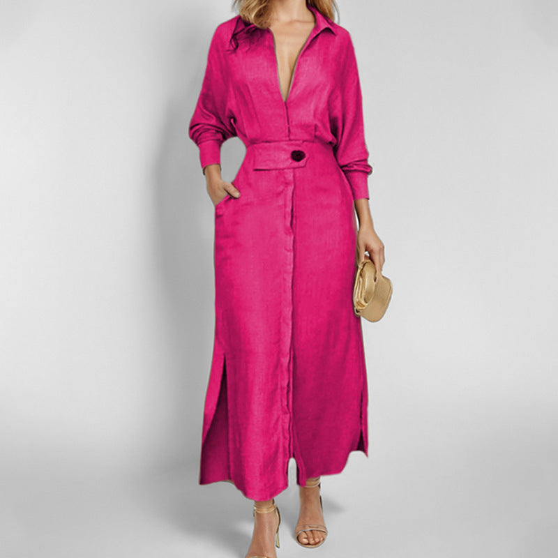 Women's Elegant Tied Solid Color Waisted Long-sleeved Shirt Dress