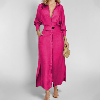 Women's Elegant Tied Solid Color Waisted Long-sleeved Shirt Dress
