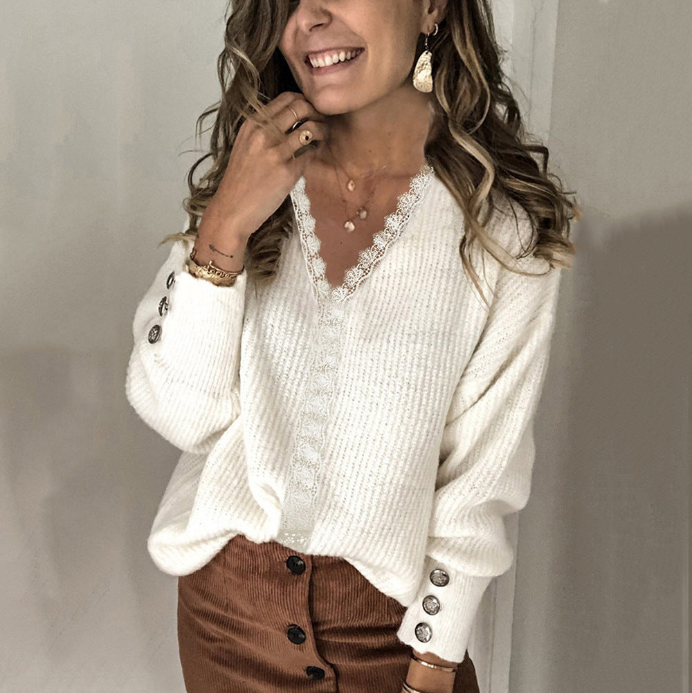 Women's Loose Long Sleeve Lace V-neck Coat Sweater