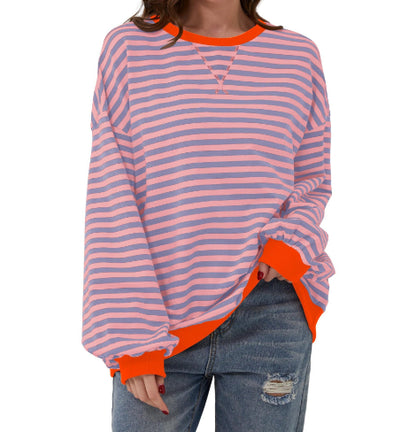 Women's Striped Embroidered Stitching Color-inserted Pullover Sweater