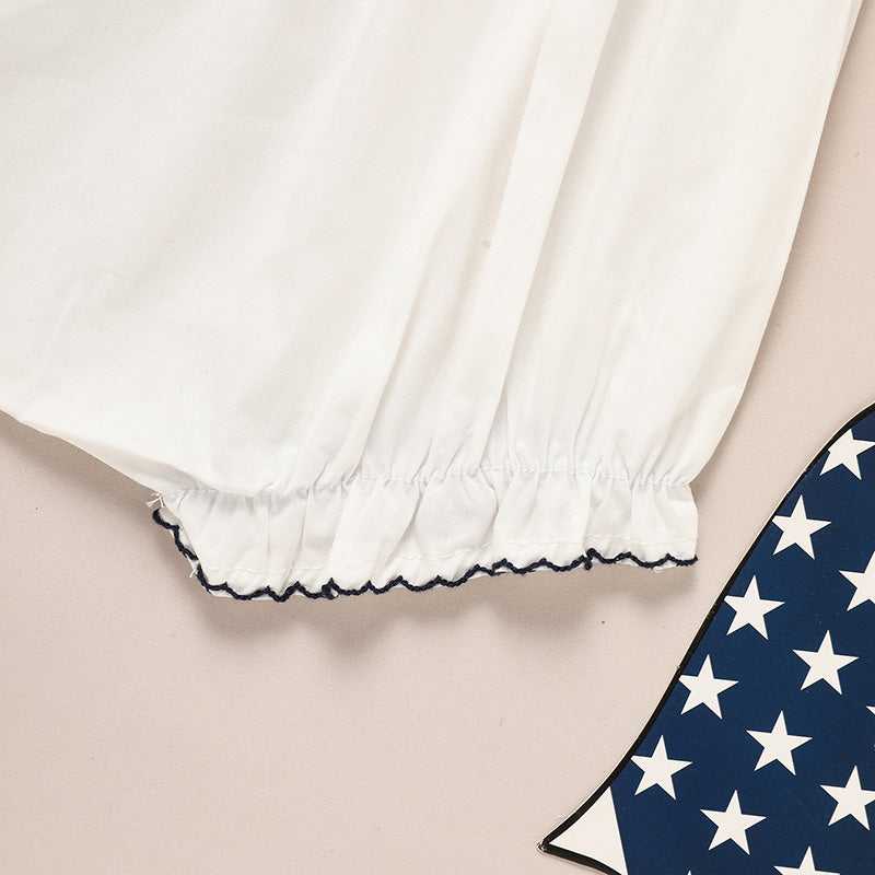 Baby Girl 4th Of July Bubble Romper, Smocked Fly Sleeve Bodysuit With American Flag Embroidery