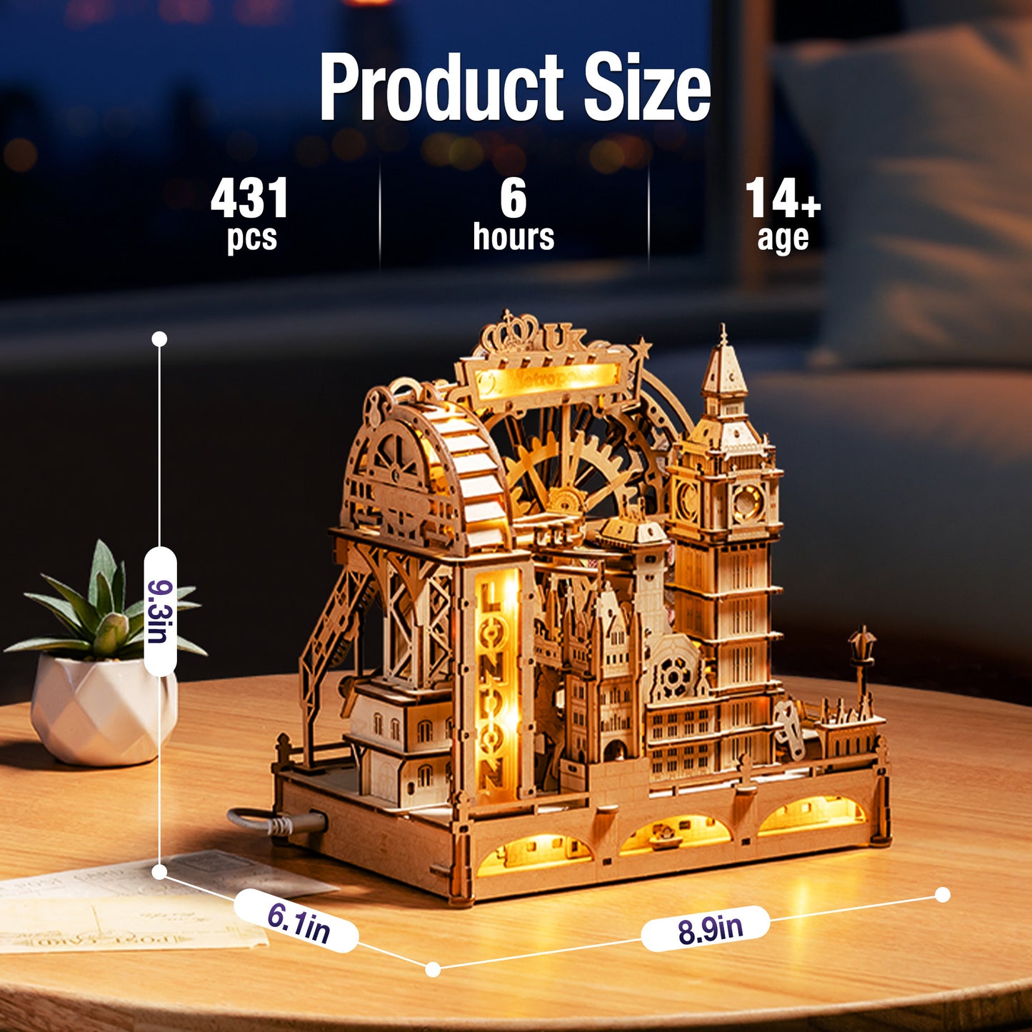 ROKR 3D Wooden Puzzle Marble Track - London City Model With LED Lights, 431-Piece Mechanical Building Set, Perfect For DIY Educational Engineering Art Gifts For Adults And Teens
