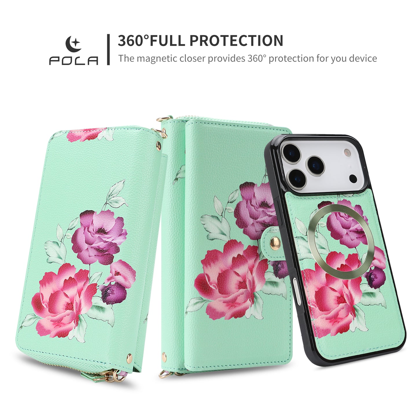 Crossbody Wallet Case For Phone 17 Pro Max 6.9 Inch Magnetic Detachable Floral PU Leather Phone Case With RFID Blocking Card Holder Wristlet Mirror Flip Zipper Shoulder Purse For Women