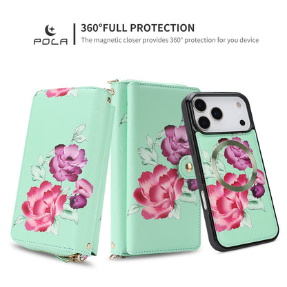 Crossbody Wallet Case For Phone 17 Pro Max 6.9 Inch Magnetic Detachable Floral PU Leather Phone Case With RFID Blocking Card Holder Wristlet Mirror Flip Zipper Shoulder Purse For Women