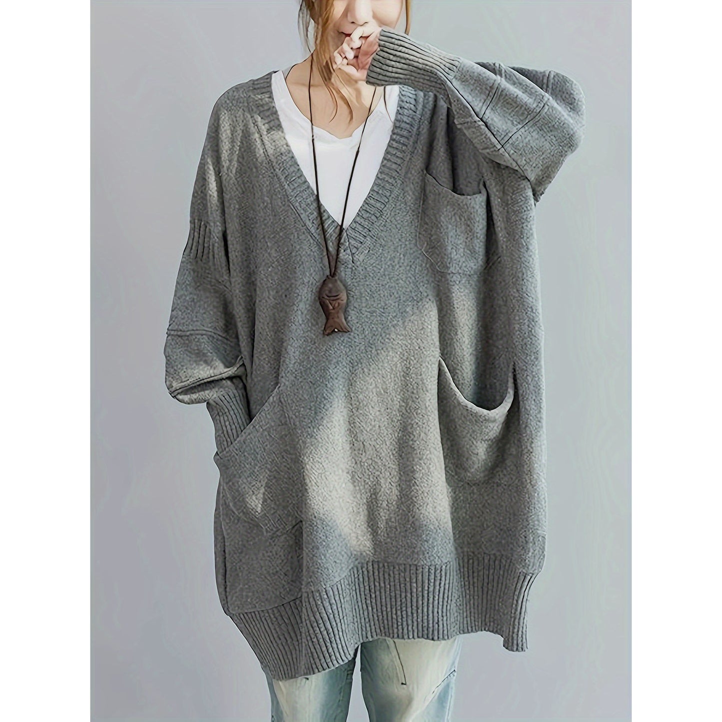 Loose-fitting V-neck Long Sleeves Outerwear Sweater