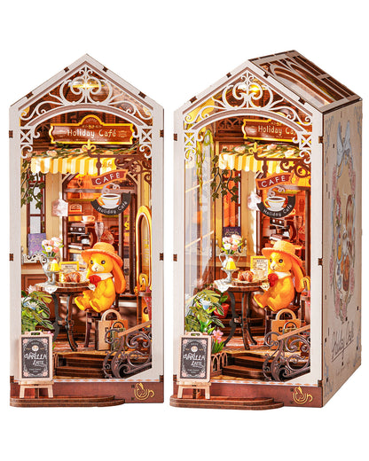 Rolife Holiday Cafe Reading Corner Set, DIY Mini House With Warm LED Lights, Glue-Free Assembly, Bookshelf Decoration, Creative Gift For Adults
