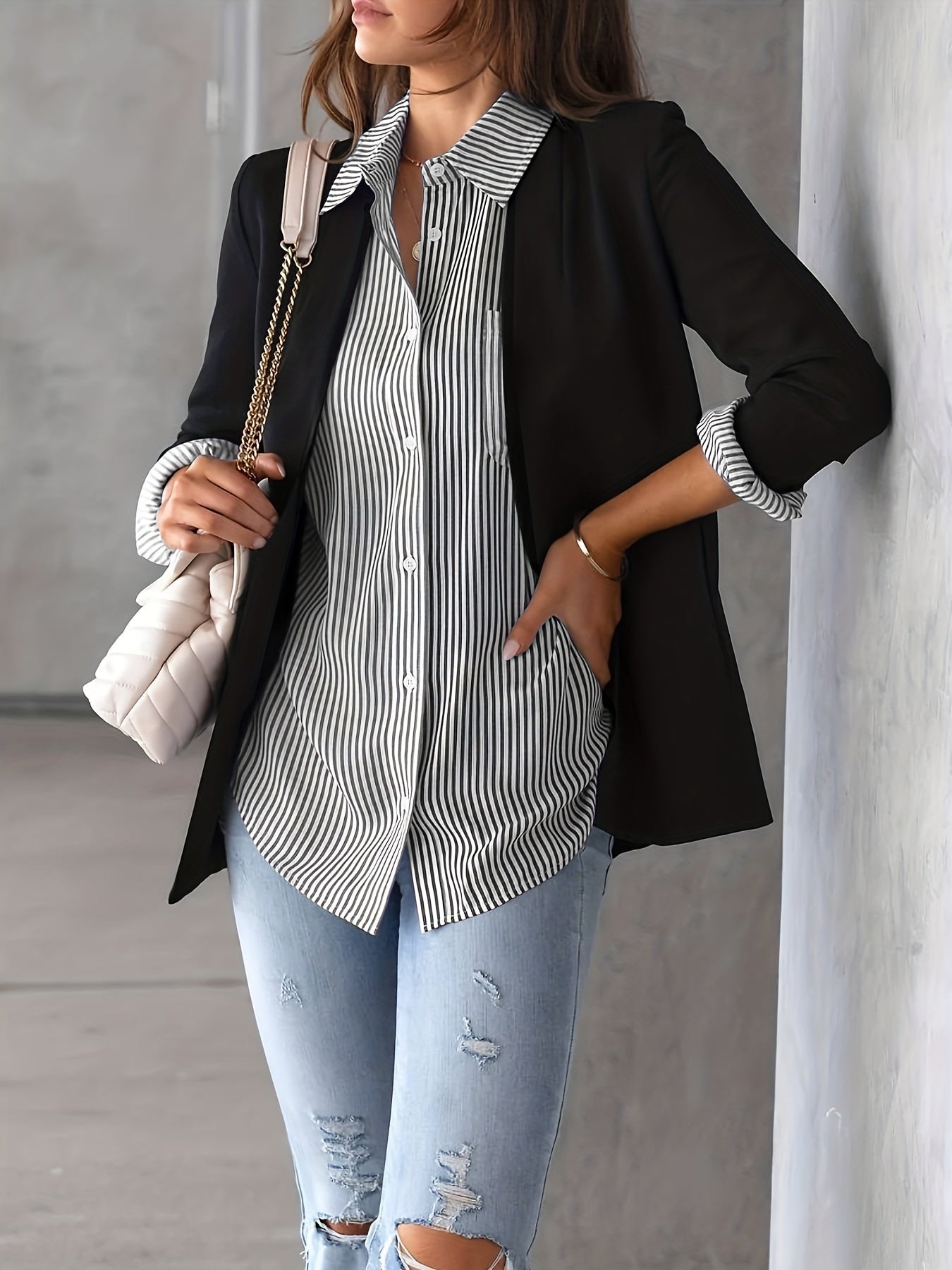 Ladies' Shirt, Classic Striped Print Casual Collar Long Sleeve With Pockets Shirt
