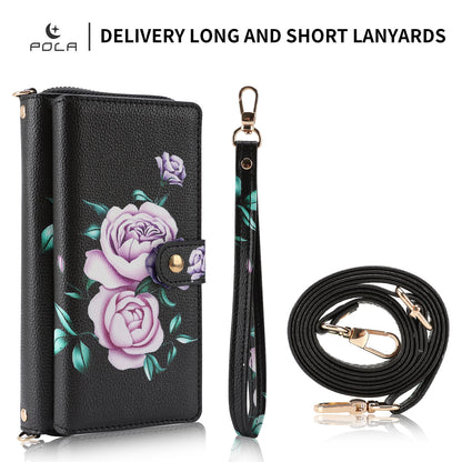 Crossbody Wallet Case For Phone 17 Pro Max 6.9 Inch Magnetic Detachable Floral PU Leather Phone Case With RFID Blocking Card Holder Wristlet Mirror Flip Zipper Shoulder Purse For Women