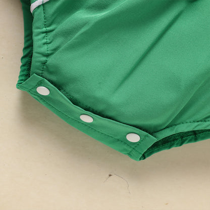 Baby Green Lapel Short Sleeve Romper Clover Print Button Detail Playsuit With Snap Closure
