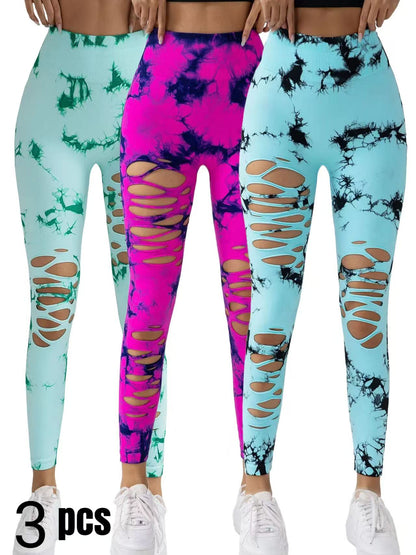 3 Pack New Style Hollow-Out Tie-Dye High-Waisted Tummy-Control Yoga Pants