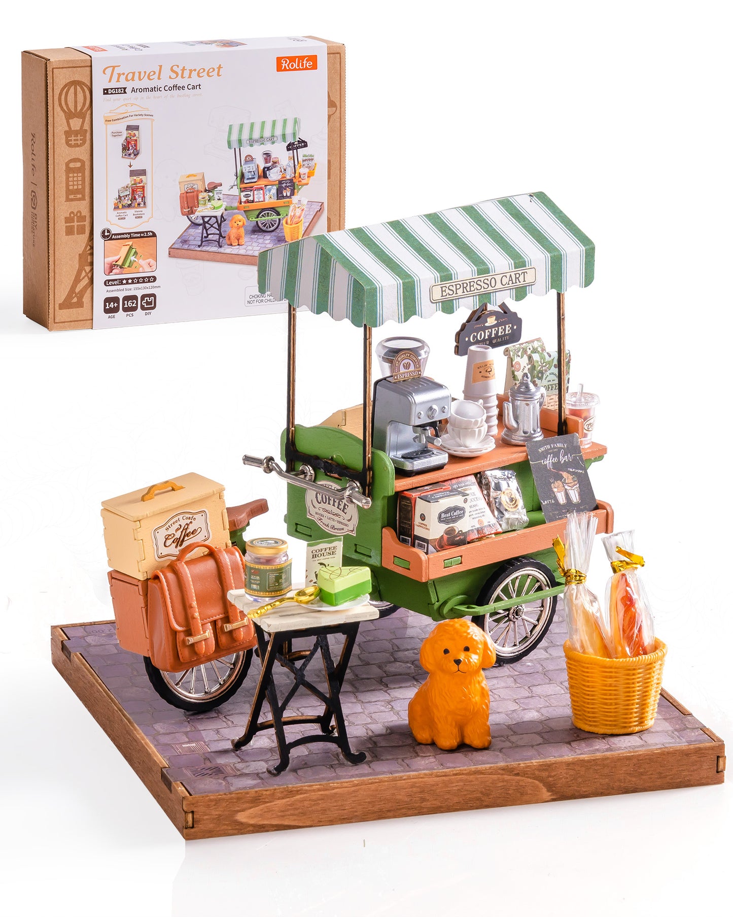 Rolife Coffee Cart Mini DIY Kit, 290-piece 3D Wooden Dollhouse Model, European Street Style, No Glue Required, Desktop Decoration And Handmade Gift For Adults