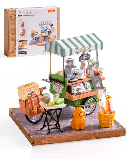 Rolife Coffee Cart Mini DIY Kit, 290-piece 3D Wooden Dollhouse Model, European Street Style, No Glue Required, Desktop Decoration And Handmade Gift For Adults