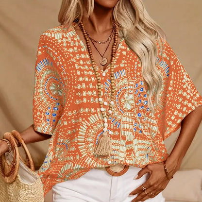 Women's V-Neck Mandala Print Blouse Short Batwing Sleeve Casual Vacation Top
