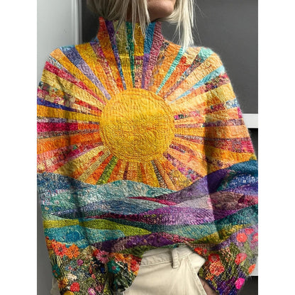 Printed Casual Turtleneck Bedford Cord Sweater