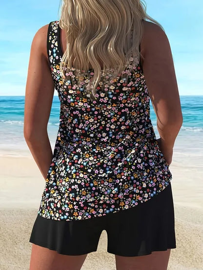 Women's Plus Size Split Floral Print Tankini Quick Drying Swimsuit Set