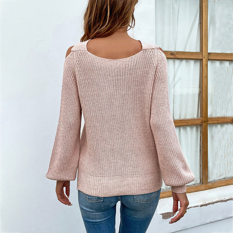 Women's Cross Halter Lantern Sleeve Knitted Sweater