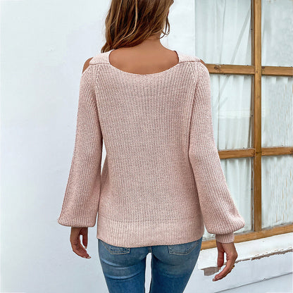 Women's Cross Halter Lantern Sleeve Knitted Sweater