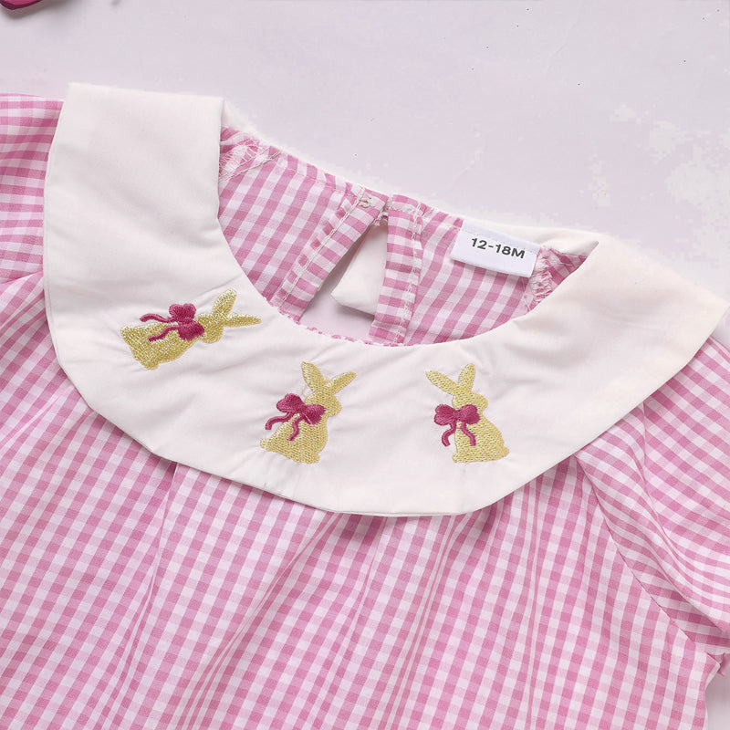 Toddler Girl's Round Neck Short Sleeve Dress, Checkered Pattern With Bunny Bow Embroidery A-Line Summer Dress