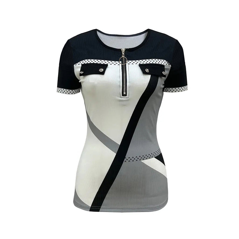 Women's Color Block Zipper T-Shirt, Casual Short Sleeve Summer Top