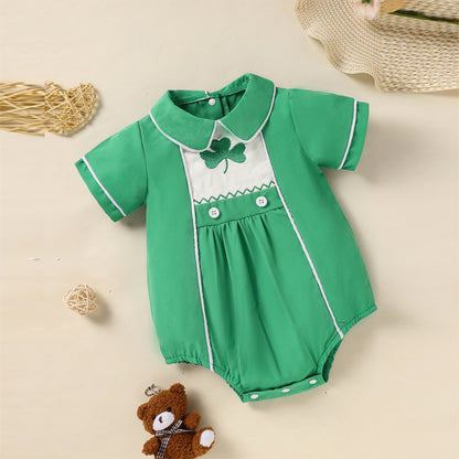Baby Green Lapel Short Sleeve Romper Clover Print Button Detail Playsuit With Snap Closure