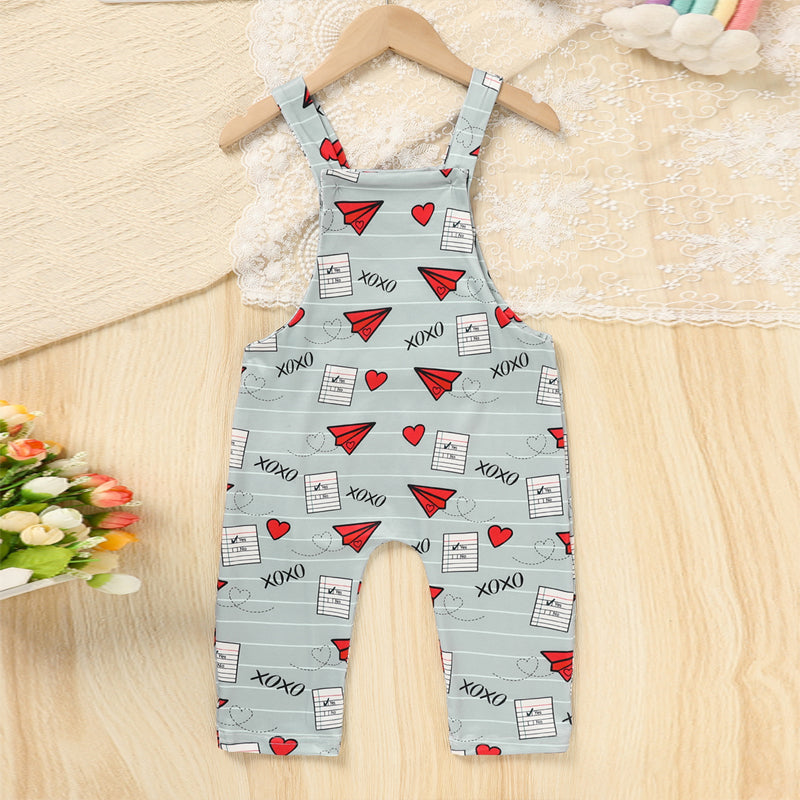 Baby Boy Girl's Casual Heart & Paper Plane Print Overalls, Adjustable Strap Romper For Spring Fall