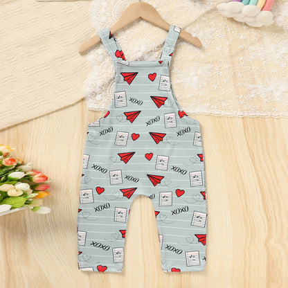 Baby Boy Girl's Casual Heart & Paper Plane Print Overalls, Adjustable Strap Romper For Spring Fall