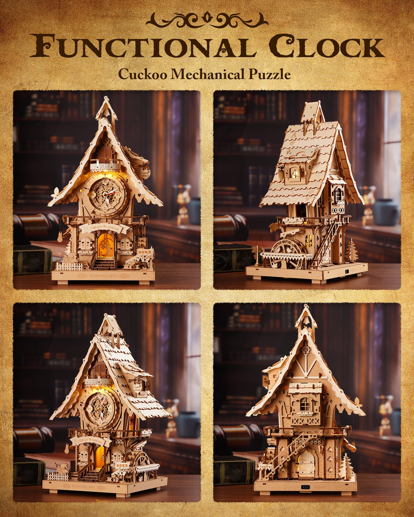 ROKR 3D Wooden Cuckoo Clock Puzzle, A Fun 3D Clock Puzzle Toy With LED Lights And Cuckoo Sounds, 435-piece Mechanical Wall Clock DIY Assembly Set, Suitable For Adults,LC901