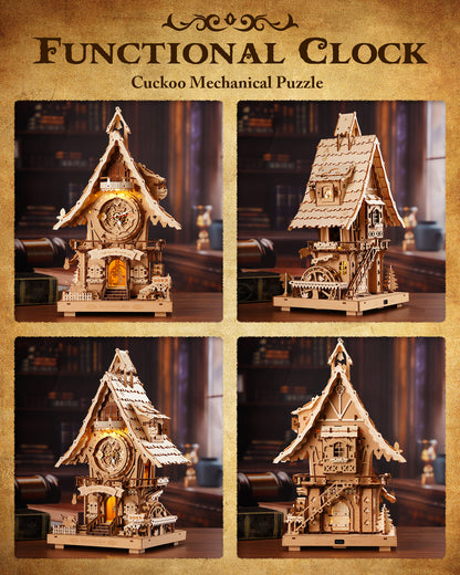 ROKR 3D Wooden Cuckoo Clock Puzzle, A Fun 3D Clock Puzzle Toy With LED Lights And Cuckoo Sounds, 435-piece Mechanical Wall Clock DIY Assembly Set, Suitable For Adults,LC901