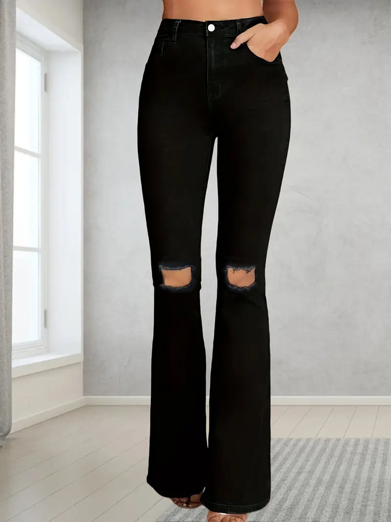 Women's Jeans In Plus Size, American Style With Ripped Holes, Micro Flared Jeans, High Waisted Flared Pants, Elastic Slim Fit Pants, Slimming Pants, Trendy Loose Casual Versatile Denim Straight Leg Pa
