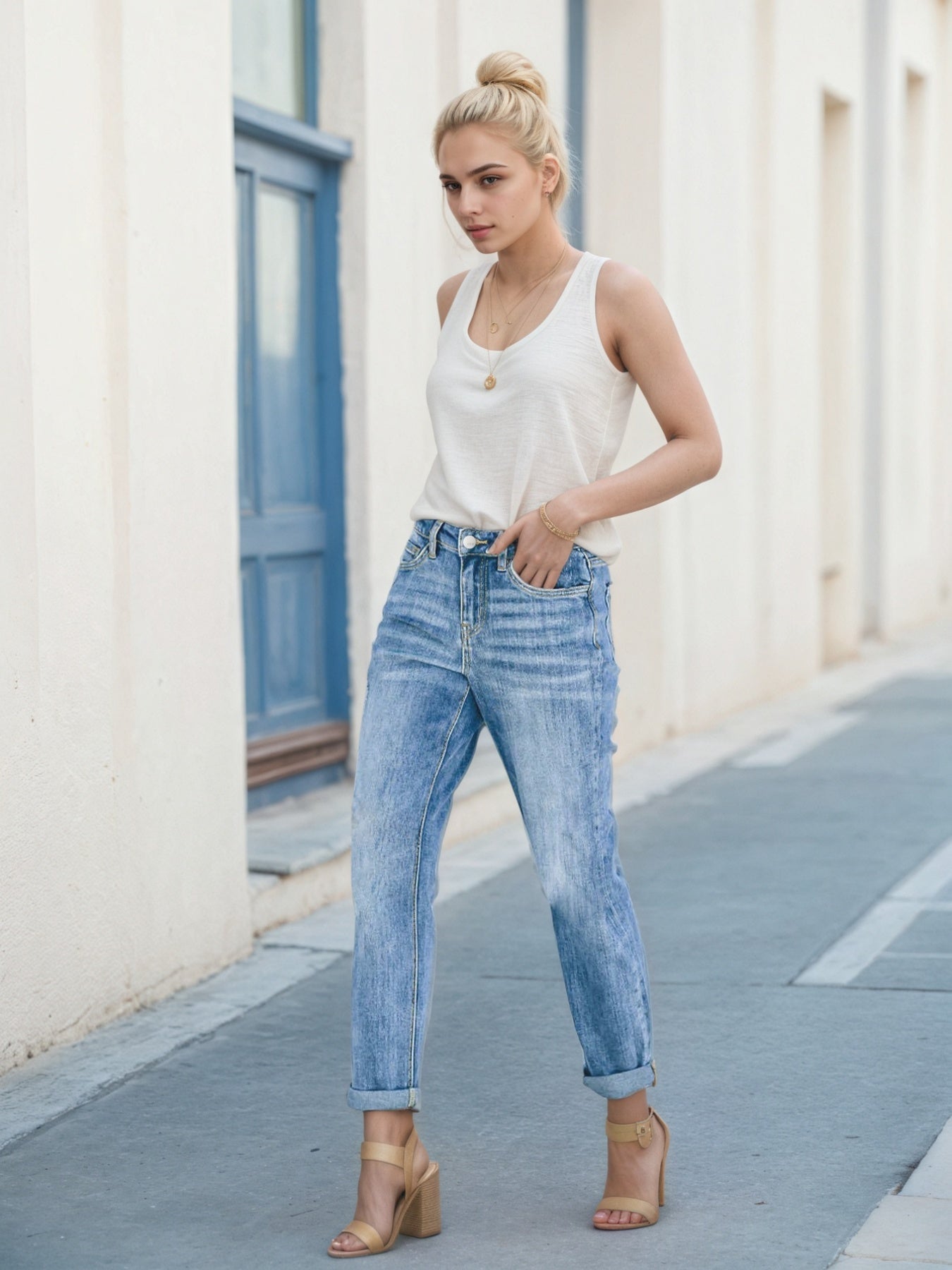 Women’s Denim Pants, Tight Jeans, Built In Zipper Closure, Foldable Legs