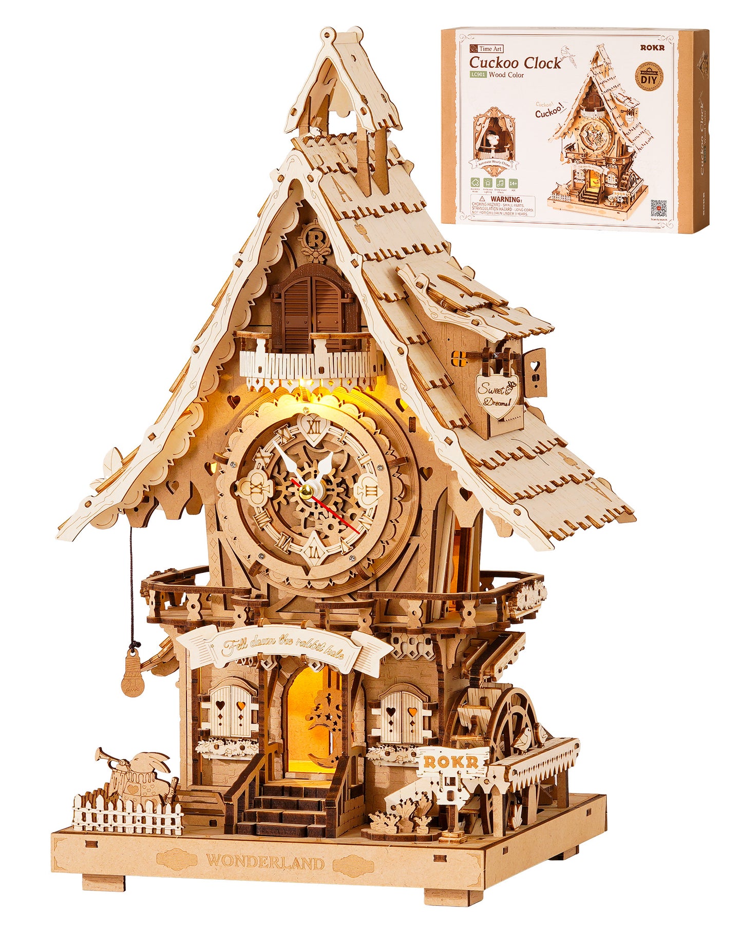 ROKR 3D Wooden Cuckoo Clock Puzzle, A Fun 3D Clock Puzzle Toy With LED Lights And Cuckoo Sounds, 435-piece Mechanical Wall Clock DIY Assembly Set, Suitable For Adults,LC901
