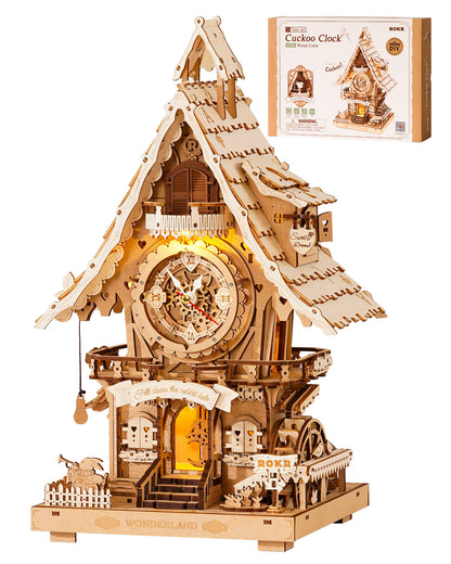 ROKR 3D Wooden Cuckoo Clock Puzzle, A Fun 3D Clock Puzzle Toy With LED Lights And Cuckoo Sounds, 435-piece Mechanical Wall Clock DIY Assembly Set, Suitable For Adults,LC901