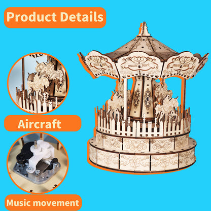 Sales Are Prohibited On The TEMU And SHEIN-MUSIC PARK 3d Wooden Puzzle Carousel Music Box Handmade Assembly Model Kit Holidays Birthdays Christmas Gifts