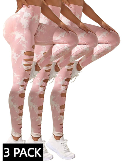 3 PACK Butt Lifting Yoga Gym Athletic Pants, Hollow Out Tummy Control Sports Leggings Tie Dye Running Pants