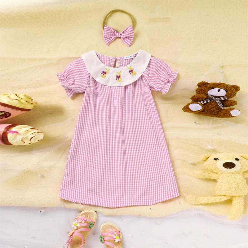 Toddler Girl's Round Neck Short Sleeve Dress, Checkered Pattern With Bunny Bow Embroidery A-Line Summer Dress