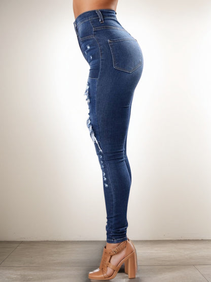 Versatile Women's High Waisted Elastic Ripped Tight Jeans, High-quality, Easy To Fit, Comfortable And Fashionable - Street Style Sexy Basic Jeans, Women's Jeans And Clothing