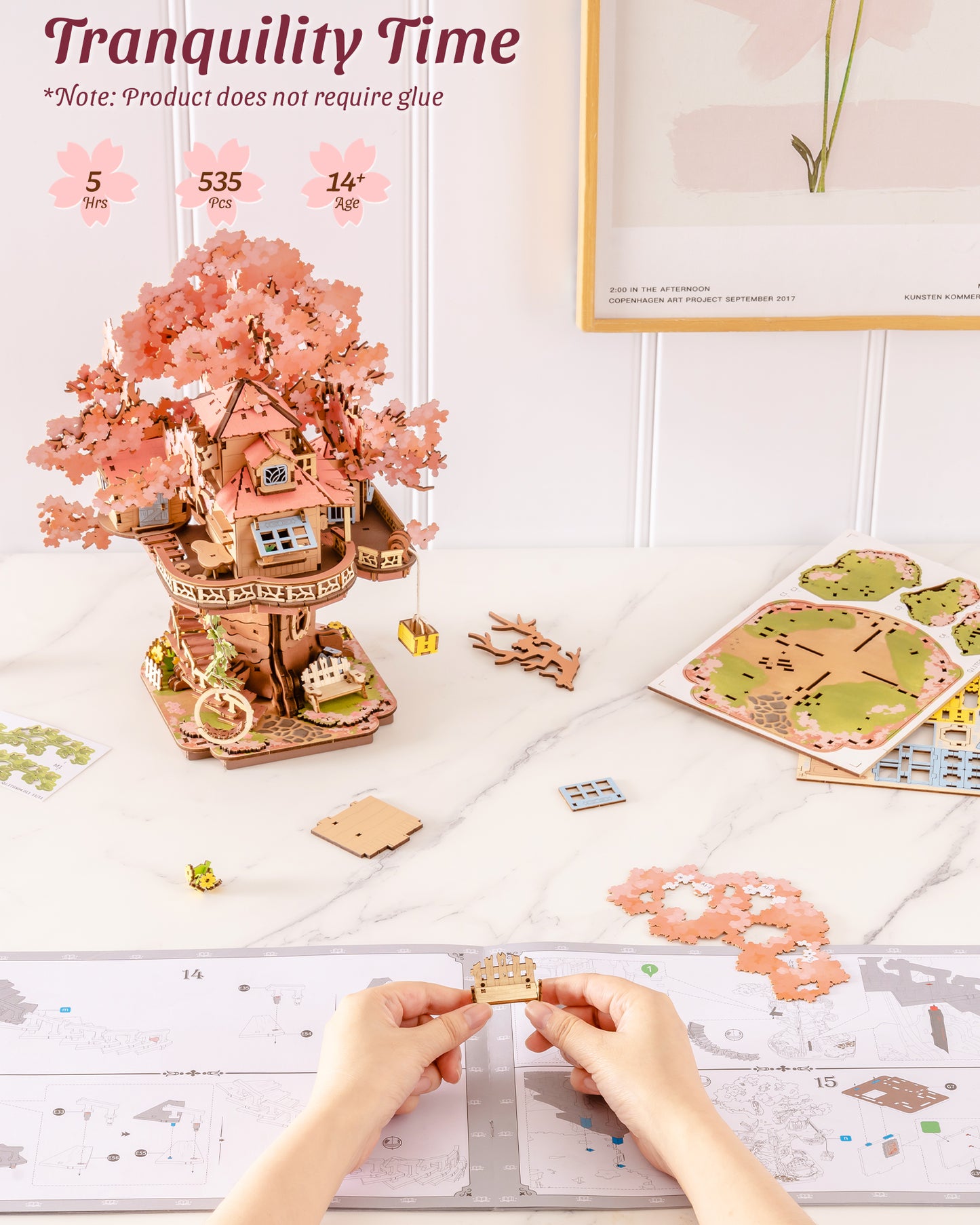 Rolife DIY Miniature Sakura House Set - Sakura Tree House, 3D Wooden Japanese Sakura Building Kit With Swing And Spiral Staircase, 535 Pieces, Bonsai Craft Home Decor Gift For Adults And Teens