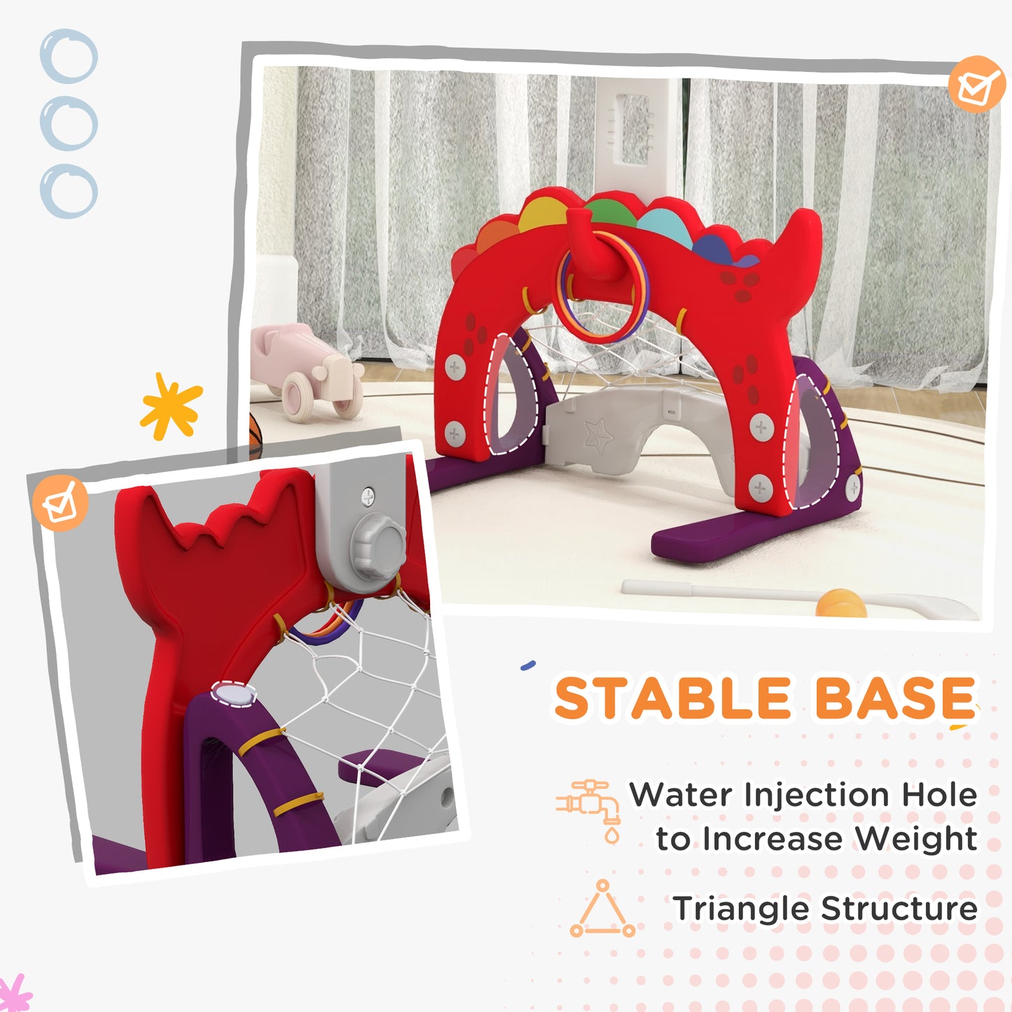 Adjustable Height 4.4-5 ft Kids Basketball Hoop, 5 in 1 Design, for Indoor Use, Red