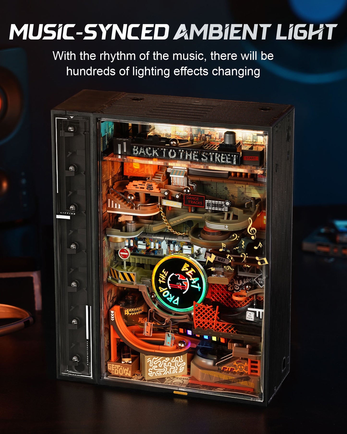 ROKR Parallel World Hip Hop Street Pinball Track, Mechanical 3D Puzzle With LED Lights And Automatic Lifting Function, USB Powered, Cyberpunk Desktop Ornament, DIY Model Assembly Kit MR03S