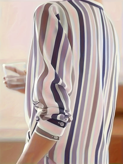 Ladies' Long-sleeved Striped Printed Versatile Casual Shirt