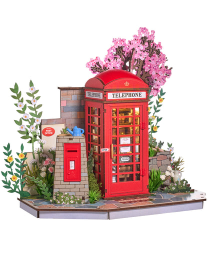 Robotime Cherry Blossom Book Stand 3D Wooden Puzzle Set - 116-Piece Mini Telephone Booth Model With LED Light, DIY Craft Toy, Home Desktop Decoration, Gift For Adults & Teens