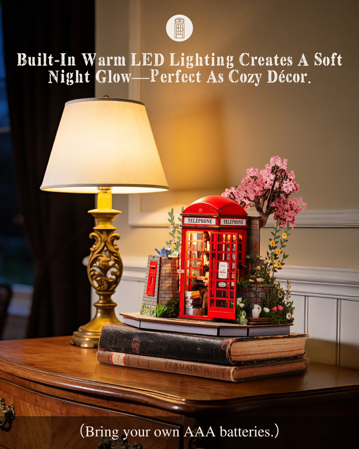 Robotime Cherry Blossom Book Stand 3D Wooden Puzzle Set - 116-Piece Mini Telephone Booth Model With LED Light, DIY Craft Toy, Home Desktop Decoration, Gift For Adults & Teens