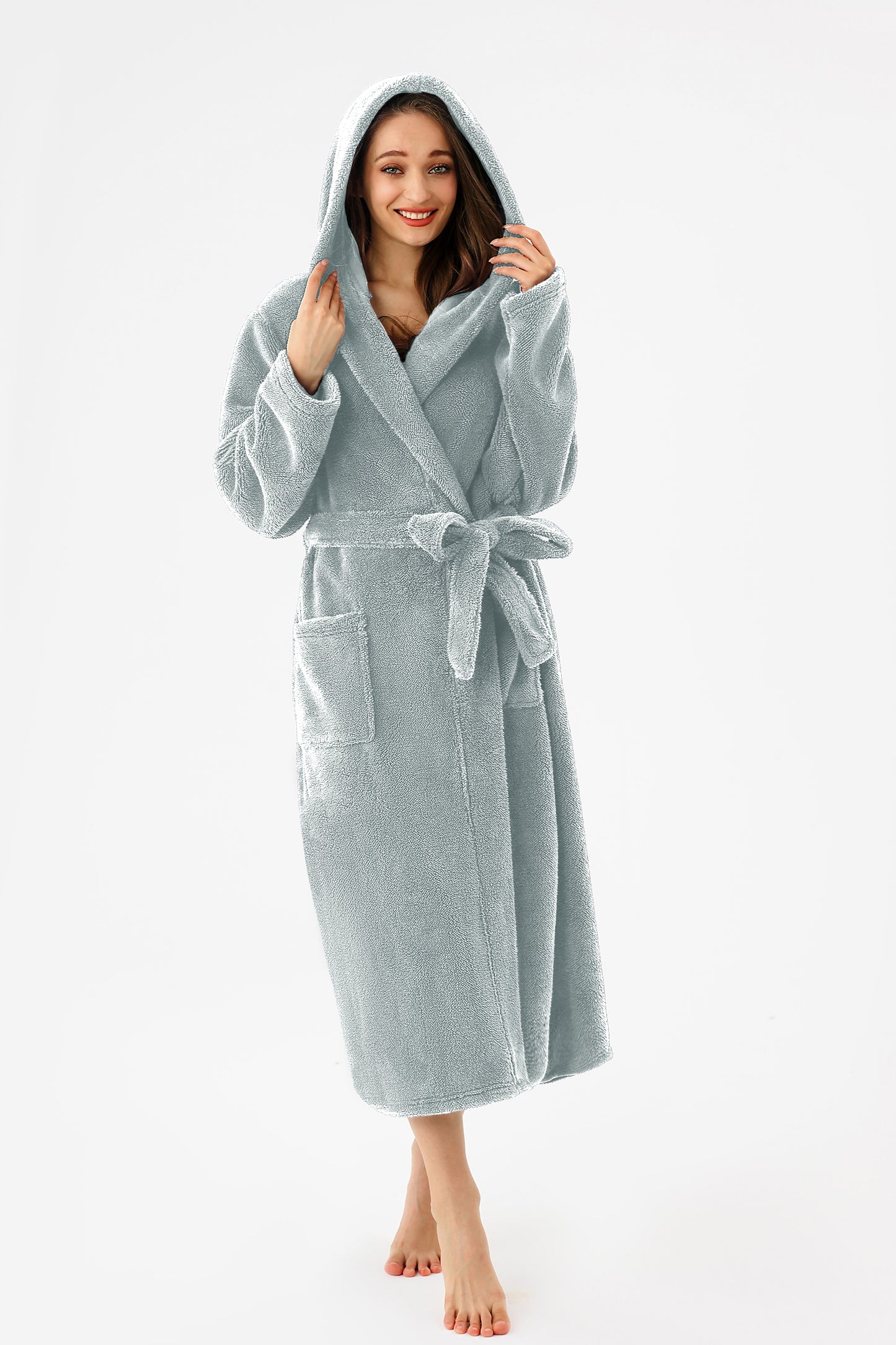 RONGTAI Womens Hooded Robe Long Plush Fleece Bathrobe With Pockets Nightwear S-XXL