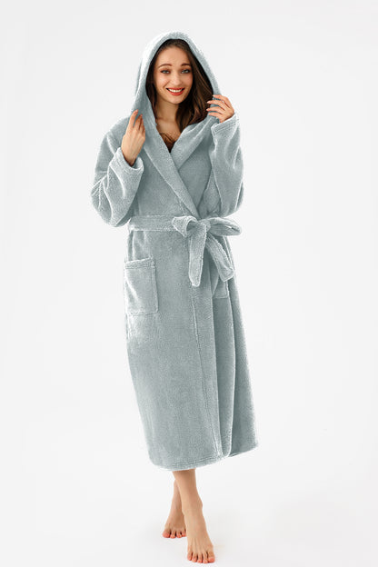 RONGTAI Womens Hooded Robe Long Plush Fleece Bathrobe With Pockets Nightwear S-XXL