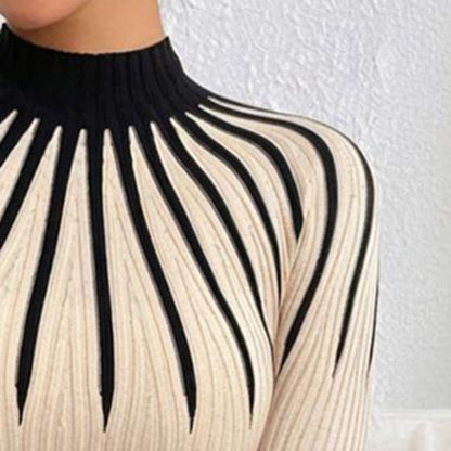 Womens Slim Fit Mock Neck Sweater, Ribbed Striped Long Sleeve Knit For Fall Winter