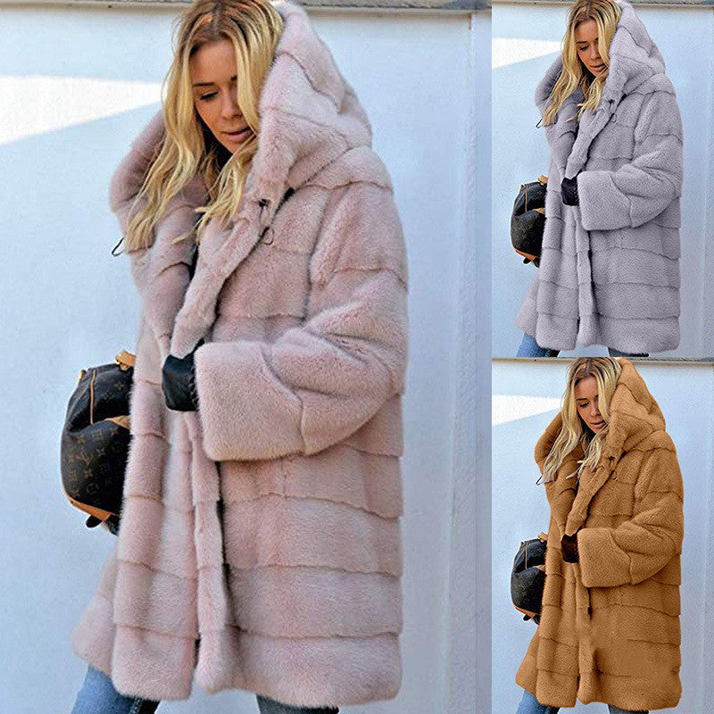 Solid Color Loose Plush Hooded Coatimitation Fur