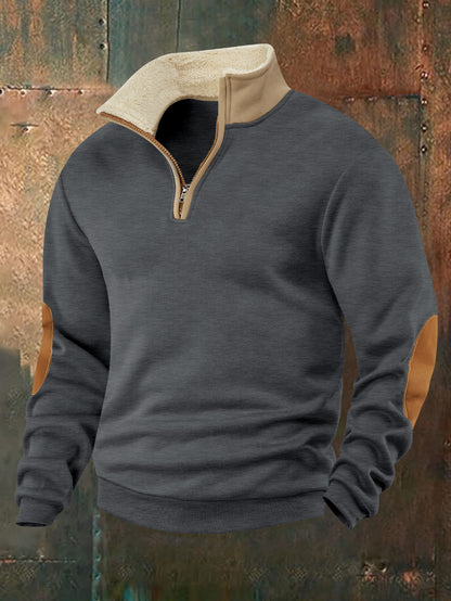 Retro Patchwork Half Cardigan Men's Long-sleeved Sweater