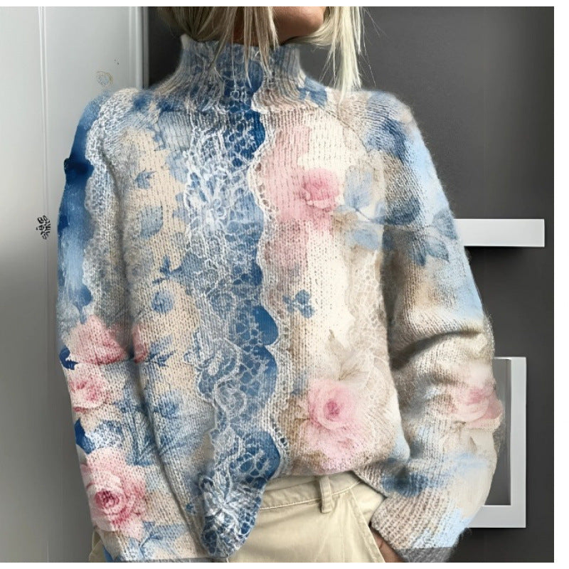 Printed Casual Turtleneck Bedford Cord Sweater