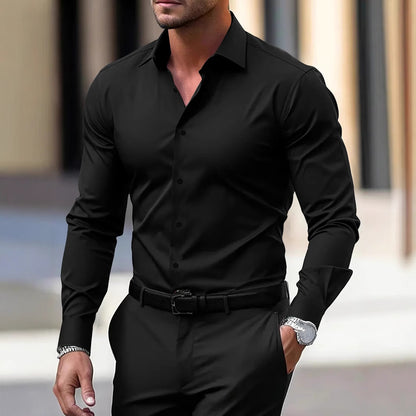 Men's Shirt Business Button Down Shirt Summer Solid Color Long Sleeve Lapel Vacation Shirt Fashion Temperament Casual Tops