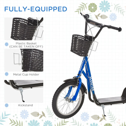 Youth Scooter, Kick Scooter with Adjustable Handlebars, Double Brakes, 16" Inflatable Rubber Tires, Basket, Cupholder, Blue
